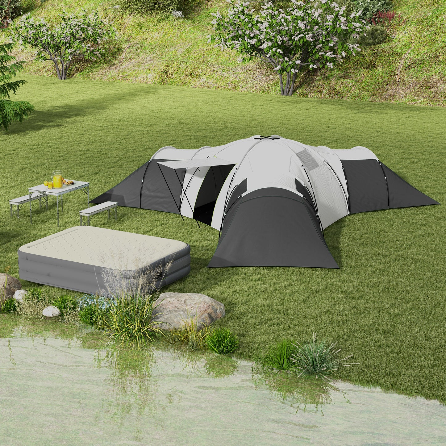 Outsunny Campingzelt für 6-9 Personen, 4 Räume, Vorzelt, wasserdicht, 615x 615x225cm, Grau