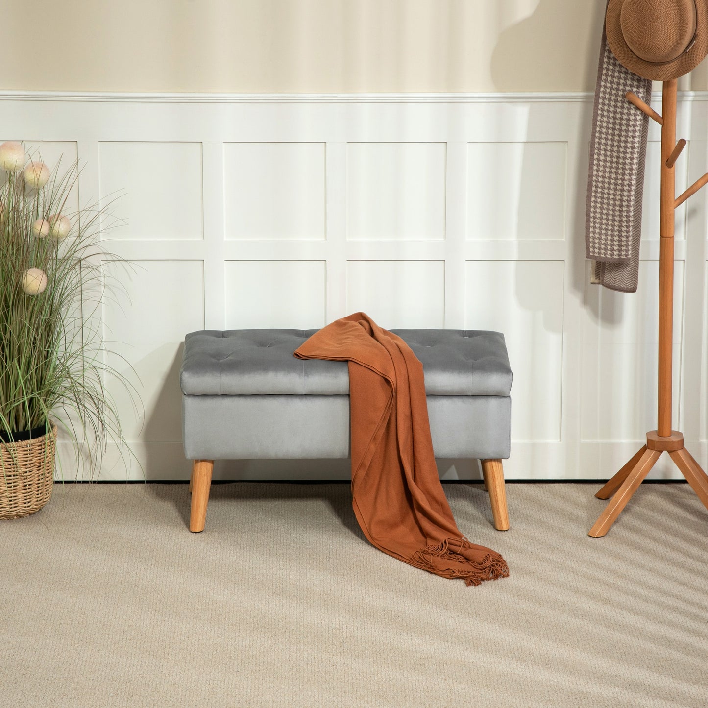 HOMCOM Polsterbank mit Stauraum, Stoffbezug in Samtoptik, Holzbeine, für Wohnzimmer, Schlafzimmer, Flur, 80 x 35 x 42 cm, Grau