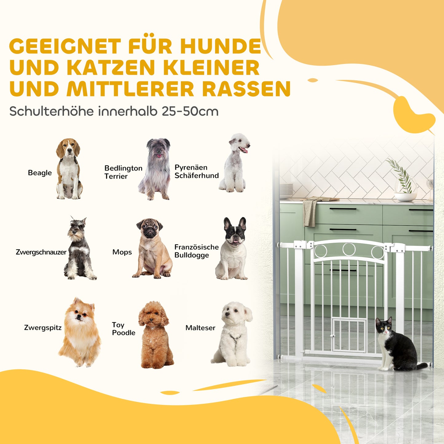 PawHut Haustiertor, 77 cm Treppengatter, verstellbare Breite 76-104 cm, mit Katzentür, für Treppen und Türöffnungen, Weiß