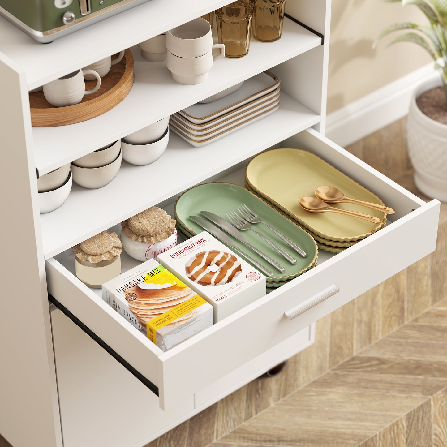 HOMCOM Mikrowellenschrank, Regal, Doppeltürschrank, Schublade, Rollen, Weiß