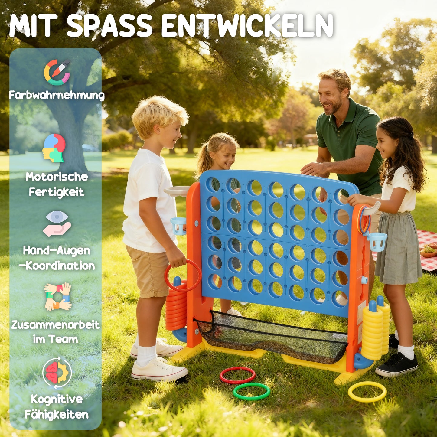 AIYAPLAY 4-in-1 Spiele-Set, Vier Gewinnt, höhenverstellbar, Netz-Tasche, Kunststoff, Bunt