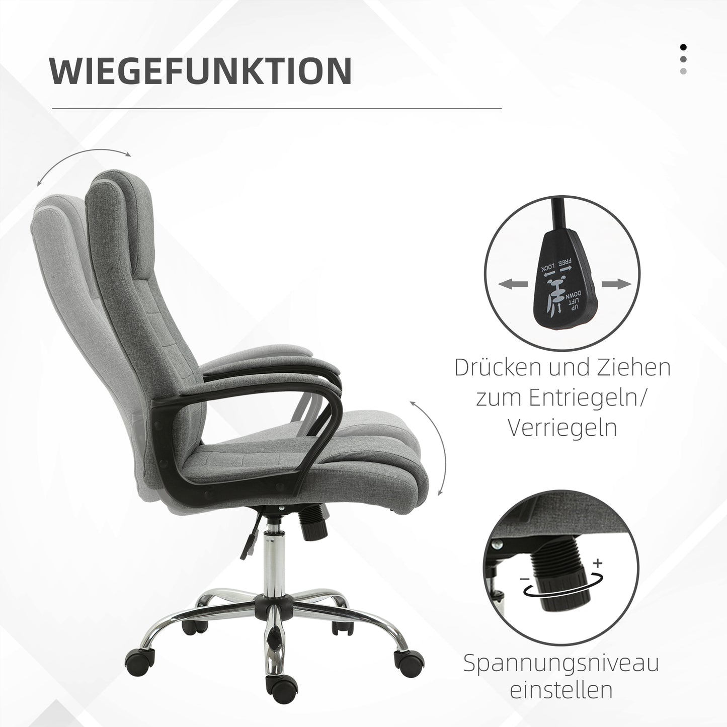 Vinsetto Bürostuhl Computerstuhl mit Wippenfunktion Kopfstütze ergonomischer Schreibtischstuhl drehbar höhenverstellbar Leinen-Touch Grau 62 x 76 x 110-119 cm