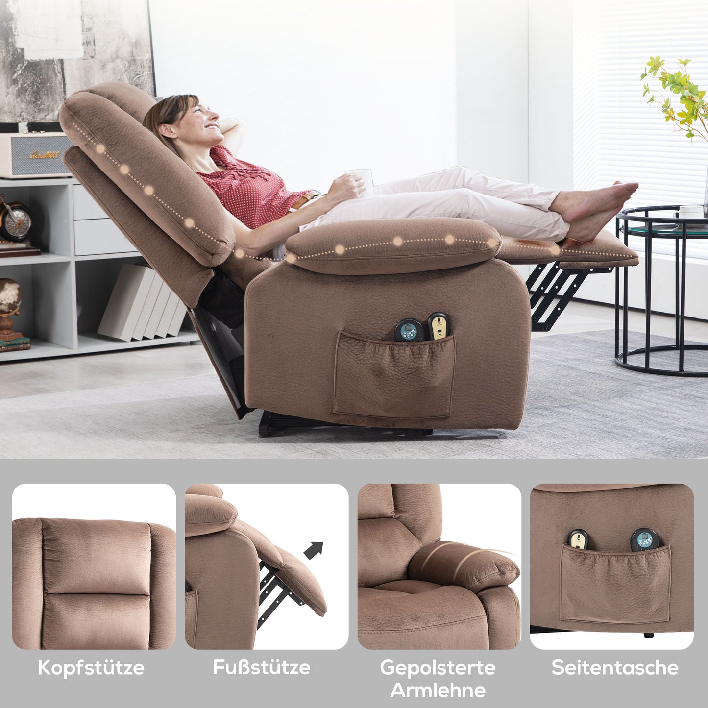 HOMCOM Aufstehsessel mit Massagefunktion, 90x93x110cm, Braun