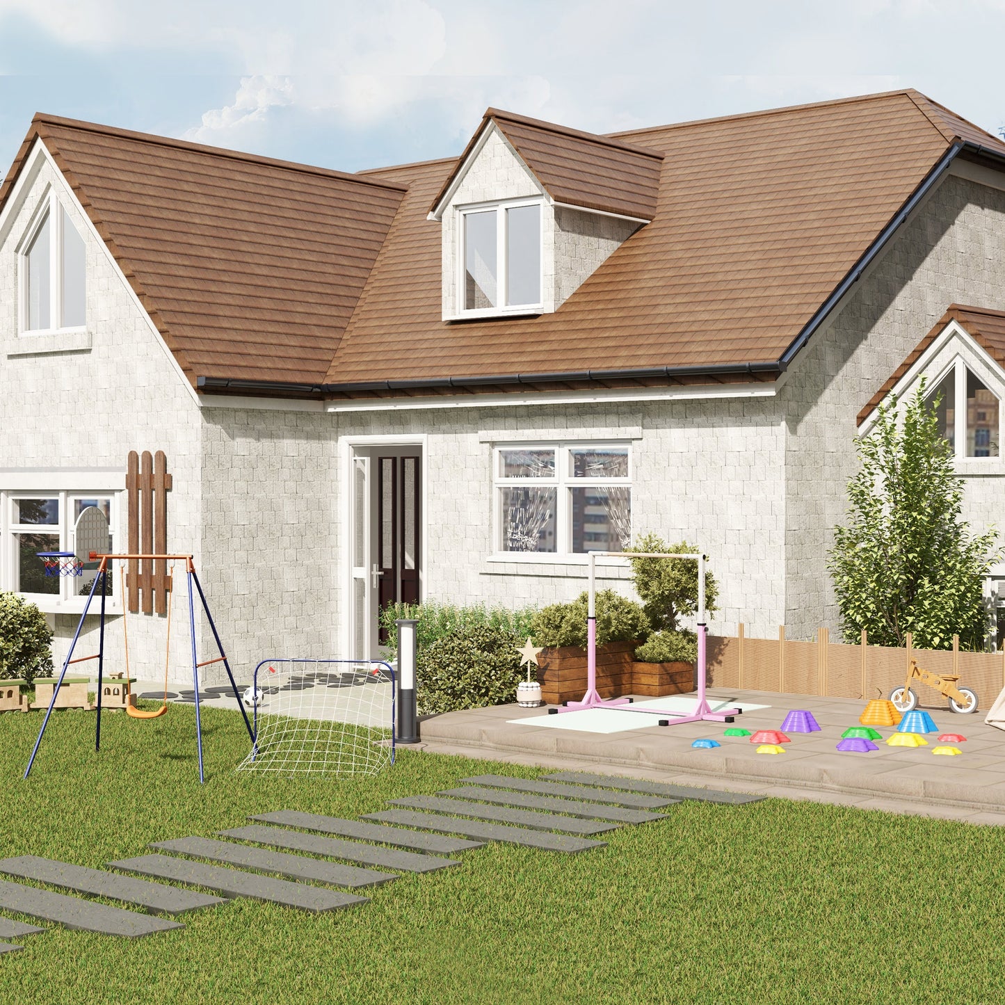 HOMCOM Gymnastik-Turnreck, 13-stufig höhenverstellbar Reckstange, Reck Turnstange aus Holz & stabile Stahlkonstruktion bis 75 kg belastbar, für 3+ Kinder, Indoor, Outdoor, Rosa