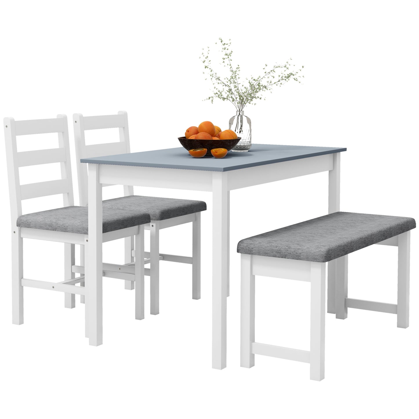 HOMCOM Sitzgruppe, 4-teiliges Esstisch-Set, 1 Tisch, 1 Bank, 2 Stühle, Grau + Weiß