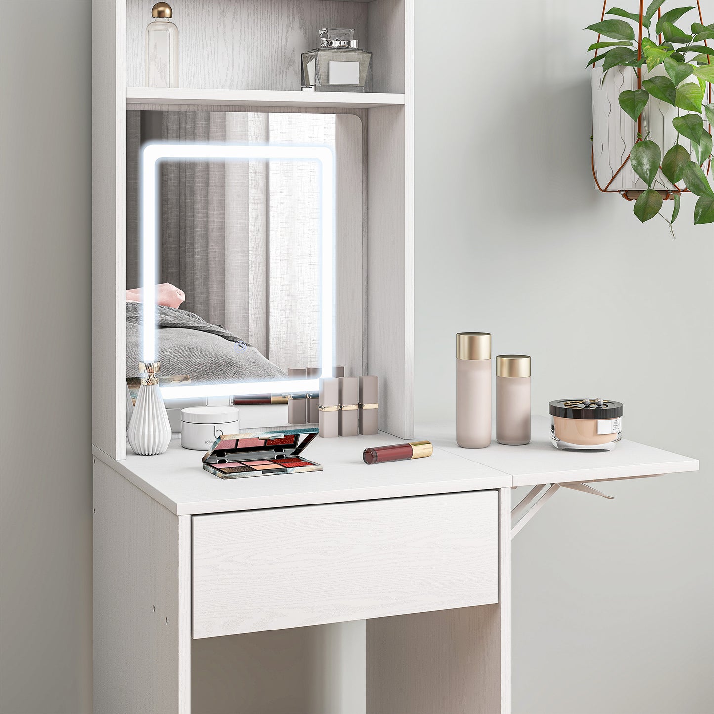 HOMCOM Kompakter Schminktisch mit Spiegel und LED-Beleuchtung, klappbare Tischplatte, offenere Regale, Schublade, MDF, Weiß