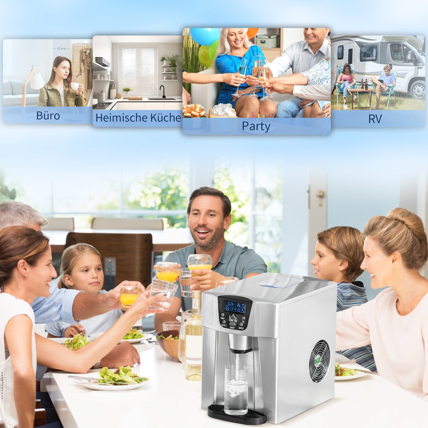 HOMCOM Eiswürfelmaschine Eiswürfelbereiter صانعة الثلج، وظيفة المؤقت، خزان ماء 1,2 لتر، فضي