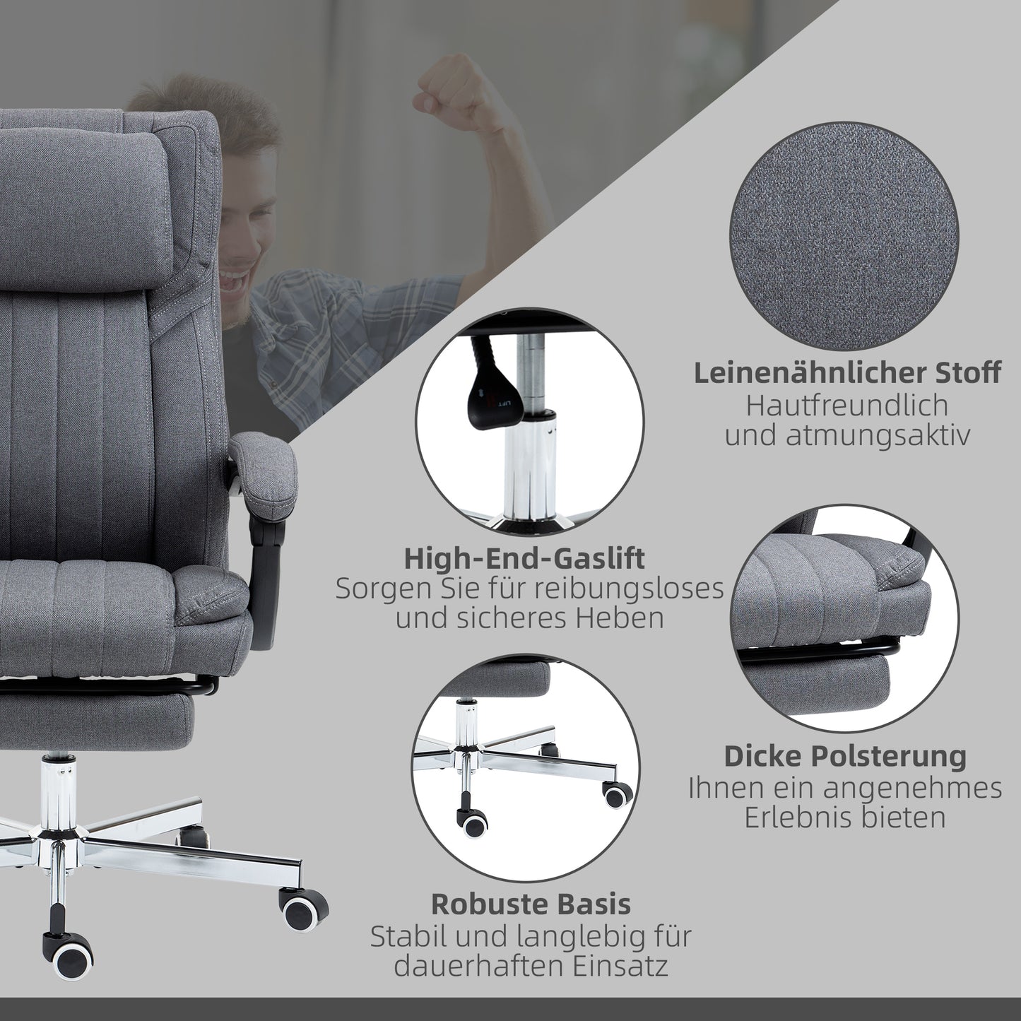 Vinsetto Bürostuhl mit Massagefunktion, neigbare Rücklehne, ausziehbare Fußstütze, Leinenoptik, grau, 65 x 61 x 113 cm