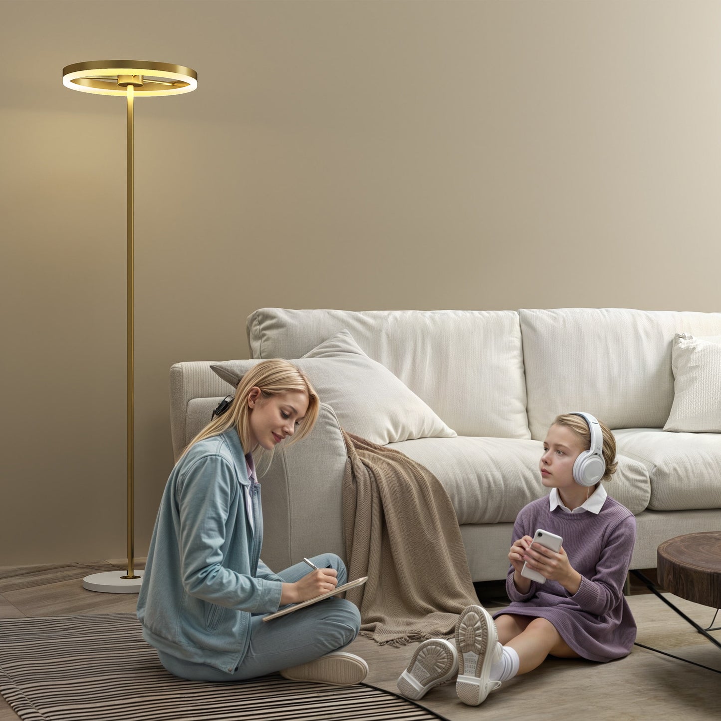 HOMCOM Stehlampe, Fußschalter, Metallstruktur, Acrylschirm, 4000K, dimmbar, Goldfarben