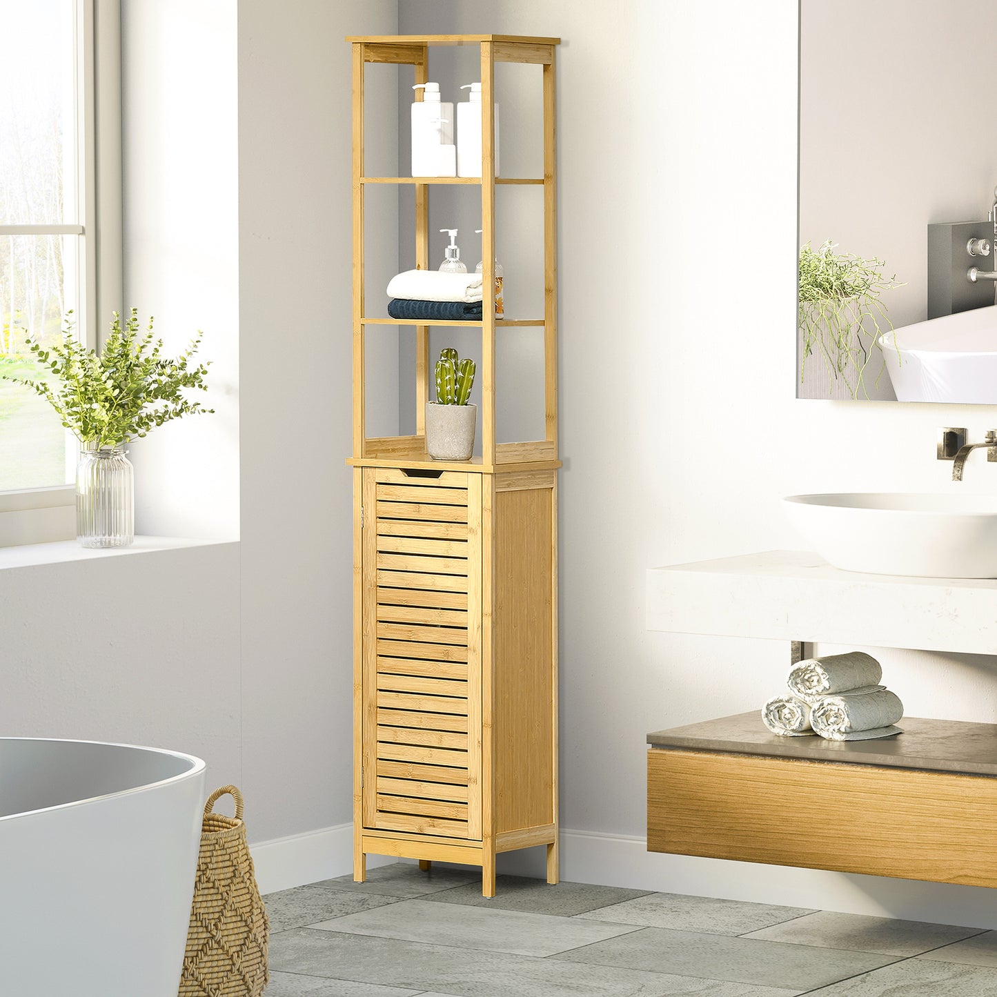kleankin Badschrank, Hochschrank, drei Regalböden, ein Schrankfach mit Lamellentür, Kippschutz, Bambus, 34 x 30 x 173cm