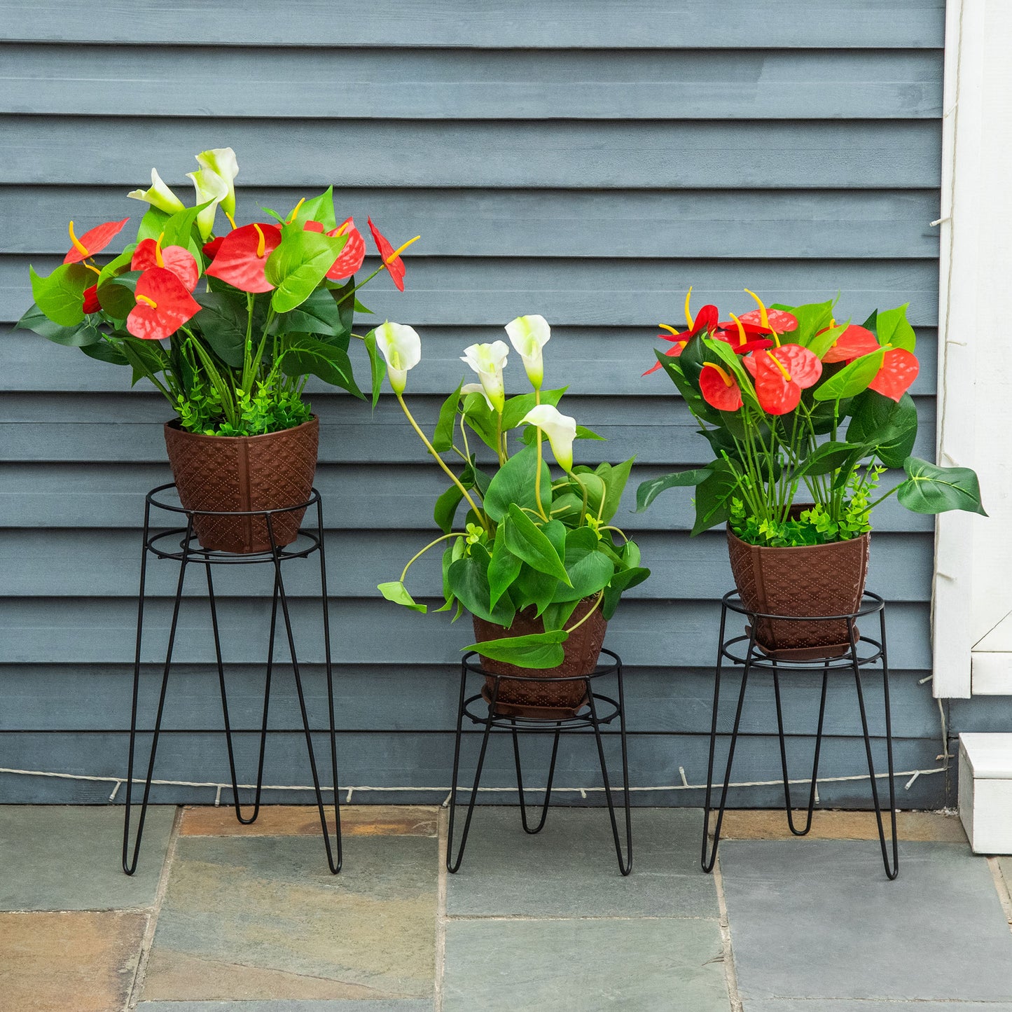 Outsunny Blumenständer 3er Set aus Metall Pflanzenständer Set Blumenhocker Blumentopfhalter Pflanzenhocker für Blumentopf bis Ø16 cm Schwarz