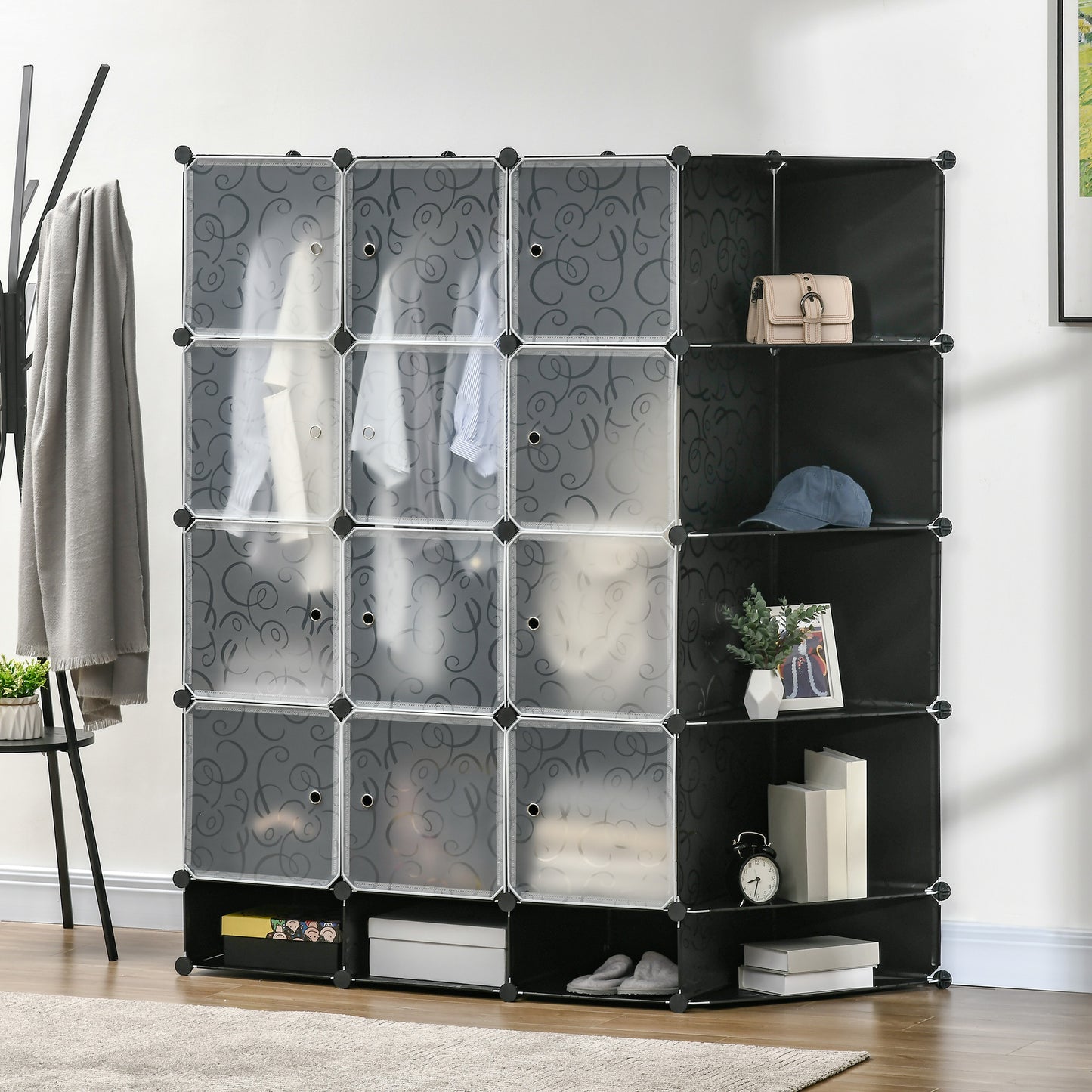 HOMCOM Modularer Aufbewahrungsschrank, Kleiderschrank, 16 Fächer, Kunststoff, Stahl