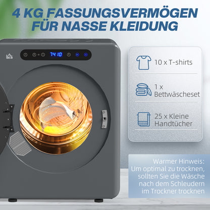 HOMCOM Wäschetrockner, 6 Programme, 40-60℃, 3 kg Kapazität, kompakt, Touch-Bedienung, Grau