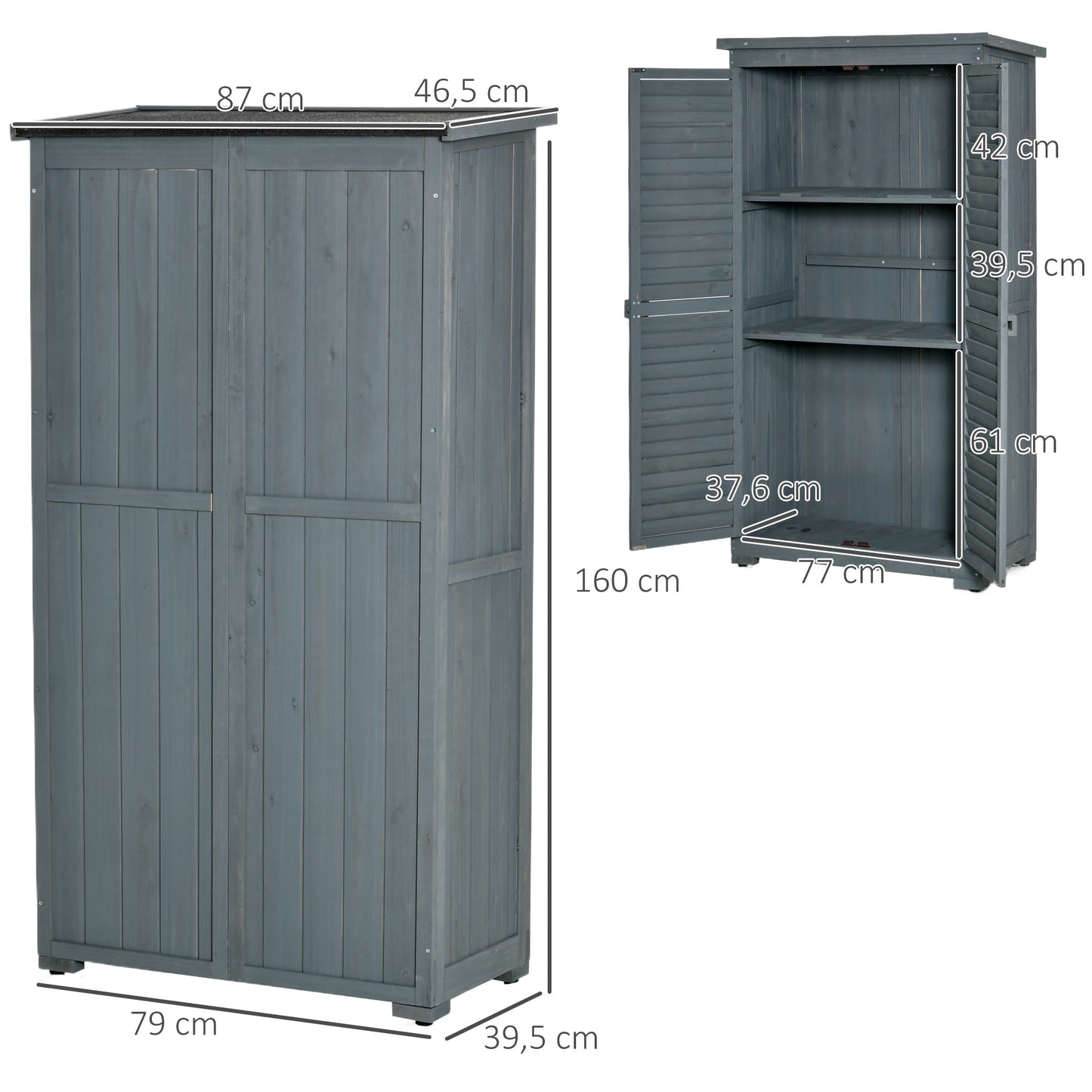 Outsunny Gartenschrank Holz Gerätehaus Geräteschuppen Geräteschrank Holzhütte Pultdach Bitumenpappe Lamellentüren Grau 87 x 46,5 x 160 cm