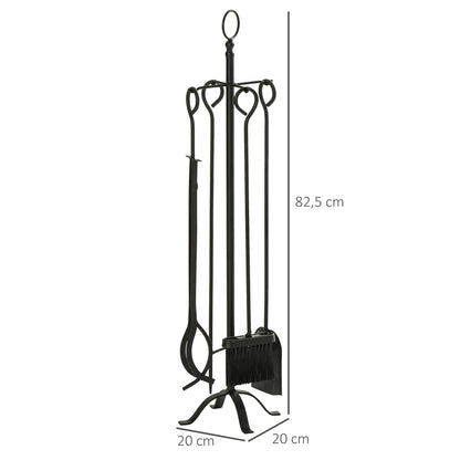 Outsunny 5-teiliges Kamingarnitur Kamin Garnitur Set Kaminbesteck innen Kamin Zubehör Kaminofen Besteck Schmiedeeisen Besteck Werkzeuge Metall Schwarz 20 x 20 x 82,5 cm