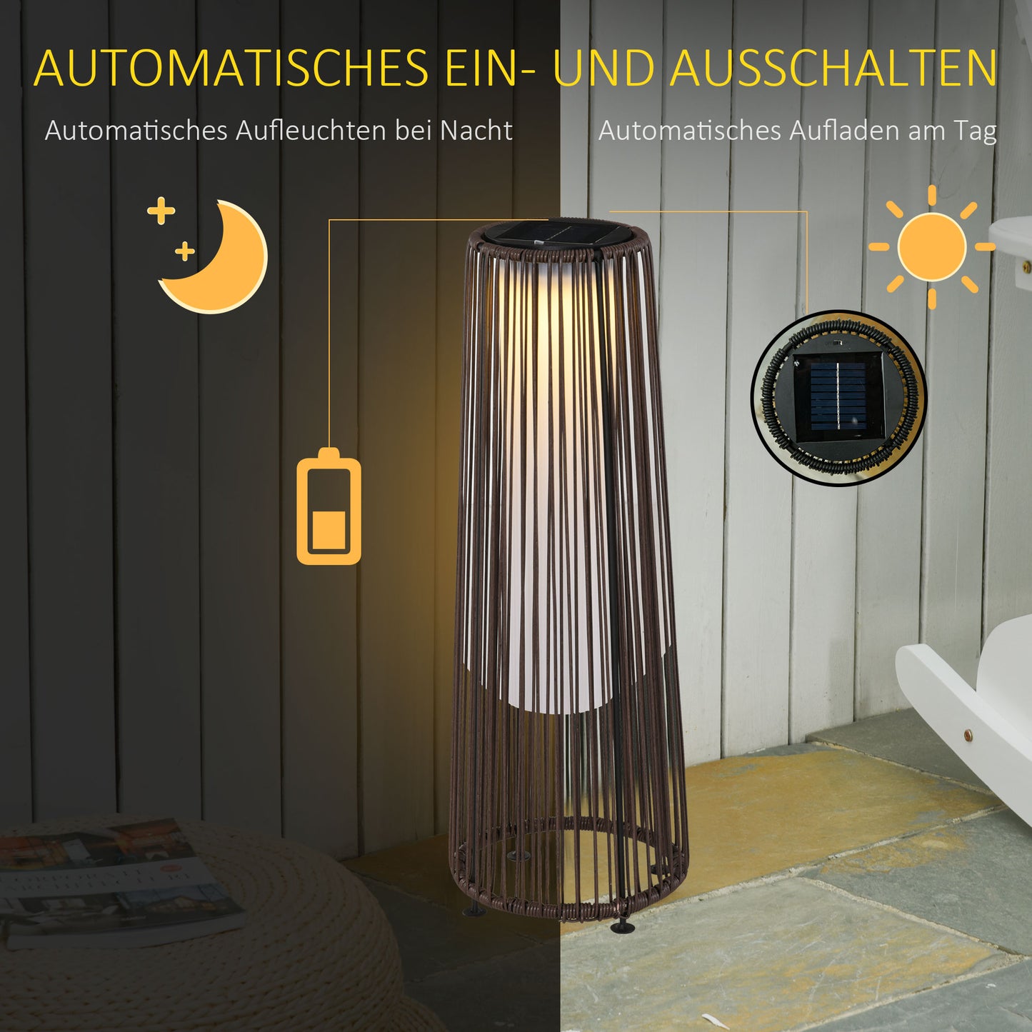 Outsunny Gartenleuchte, Außenlampe, solarbetrieben, 8 Stunden Betrieb, Automatikmodus, Rattanoptik, 21,5 x 21,5 x 61 cm
