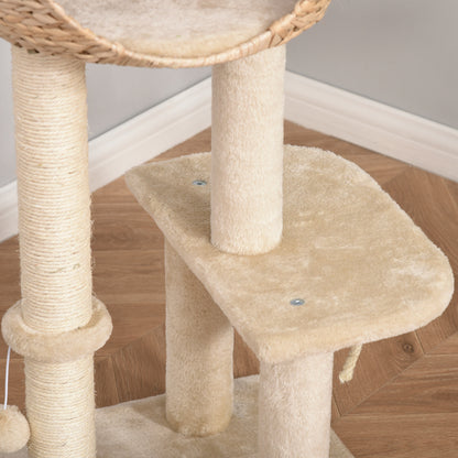 PawHut Kratzbaum 100 cm Katzenturm mit Höhle, Spielball, Sisalstämme, Plattform, mehrstöckiger Katzenkratzbaum, Kletterbaum, für mittelgroße Katzen, Beige
