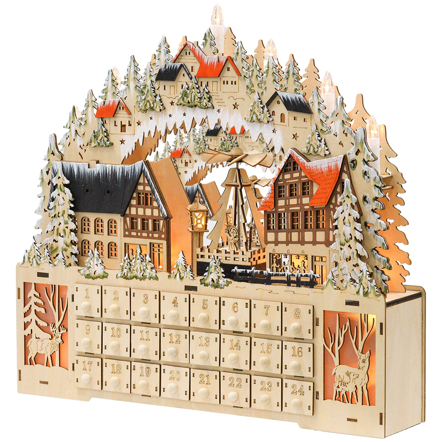 HOMCOM Adventskalender, Weihnachtsdorf, 18 LEDs, 24 Schubladen, wiederverwendbar, 45 x 9 x 42,5 cm