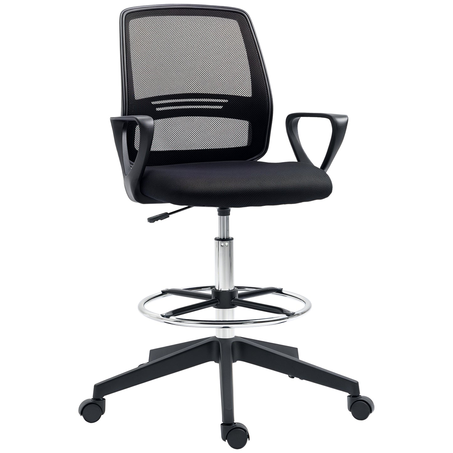 Vinsetto Bürostuhl Ergonomischer Schreibtischstuhl mit Armlehnen und Verstellbarer Fußring, Höhenverstellbarer Drehstuhl mit Netzbespannung Schwarz