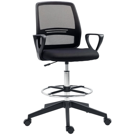 Vinsetto Bürostuhl Ergonomischer Schreibtischstuhl mit Armlehnen und Verstellbarer Fußring، Höhenverstellbarer Drehstuhl mit Netzbespannung Schwarz