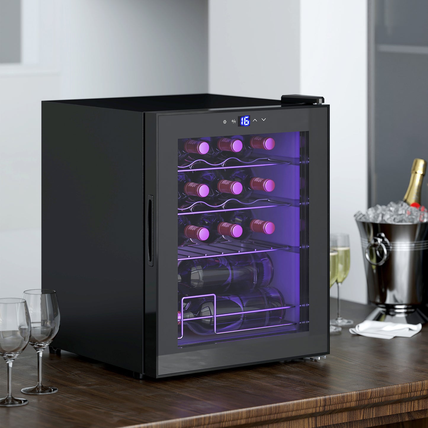 HOMCOM Freistehender Weinkühlschrank, 16 Flaschen, für Hausbar, Wohnzimmer, Küche Touchscreen, Glastür, LED-Beleuchtung