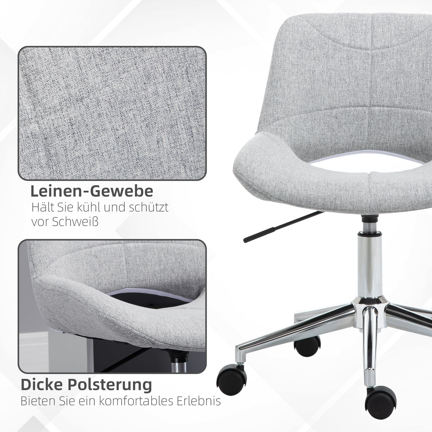 HOMCOM Bürostuhl, höhenverstellbar, um 360° drehbar, bis 110 kg, Metallrahmen, hellgrau, 49 x 56,5 x 73-82,5 cm