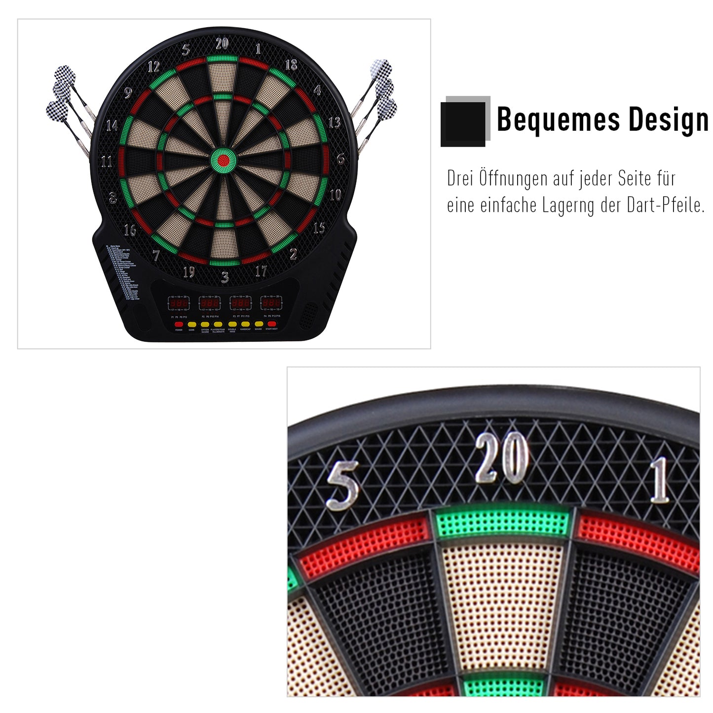 HOMCOM Elektronische Dartscheibe Dartboard Dart-set mit LED Anzeige mit automatischer Wertung Soundeffekte 6 Darts 24 Dartköpfe 27 Spiele und 243 Trefferoptionen für 16 Spieler 44 x 51,5 x 3,2 cm