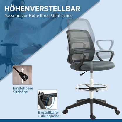 Vinsetto Bürostuhl Ergonomischer Schreibtischstuhl mit Armlehnen und Verstellbarer Fußring Netzbespannung Grau