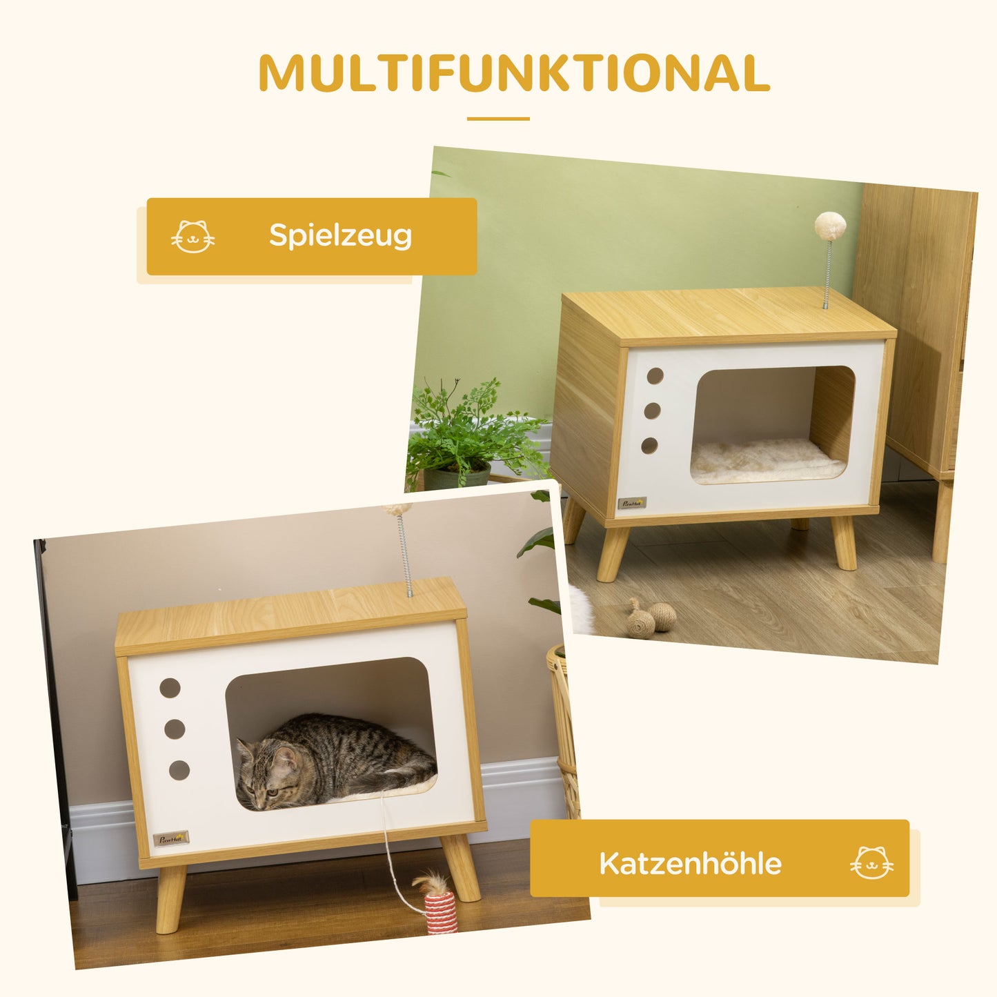 PawHut Katzenhöhle imTV-Design inkl. Spielzeug, waschbares Kissen, 50 cm x 28 cm x 43 cm, Eiche + Beige + Weiß