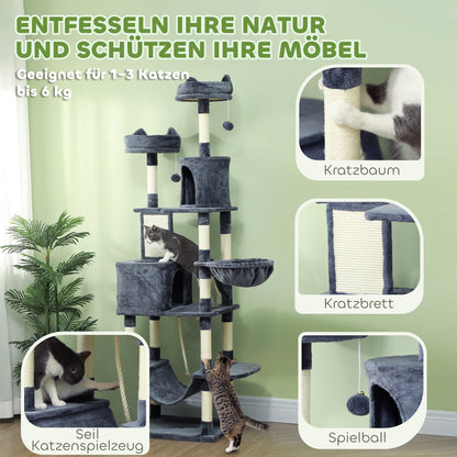 PawHut Kratzbaum 206 cm Katzenturm mit Höhle, 2 Spielballen, Sisalstämme, Plattform für große Katzen, Dunkelgrau