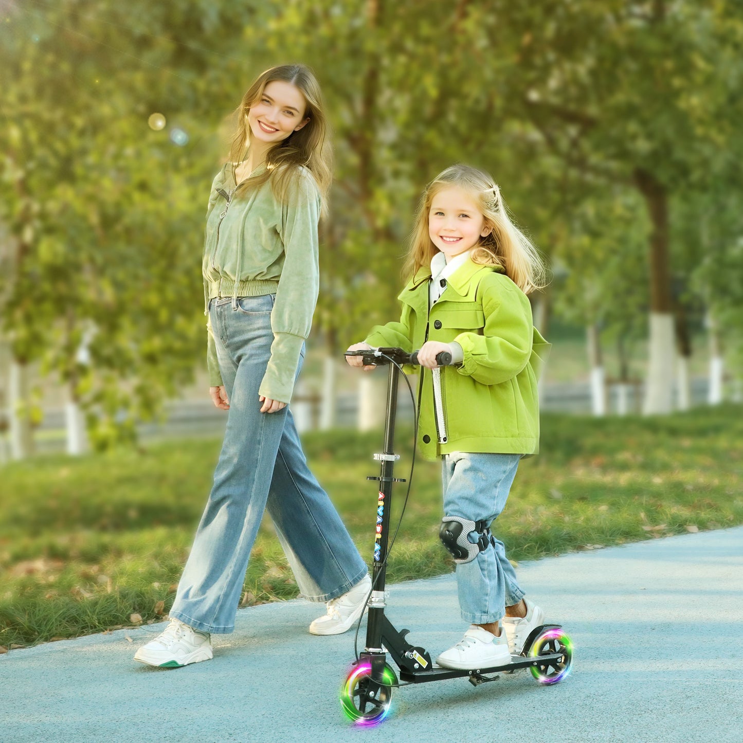 AIYAPLAY Kinderroller, Doppelte Bremsen, Metallrahmen, Fußstütze, faltbar, 3-8 Jahre, Schwarz