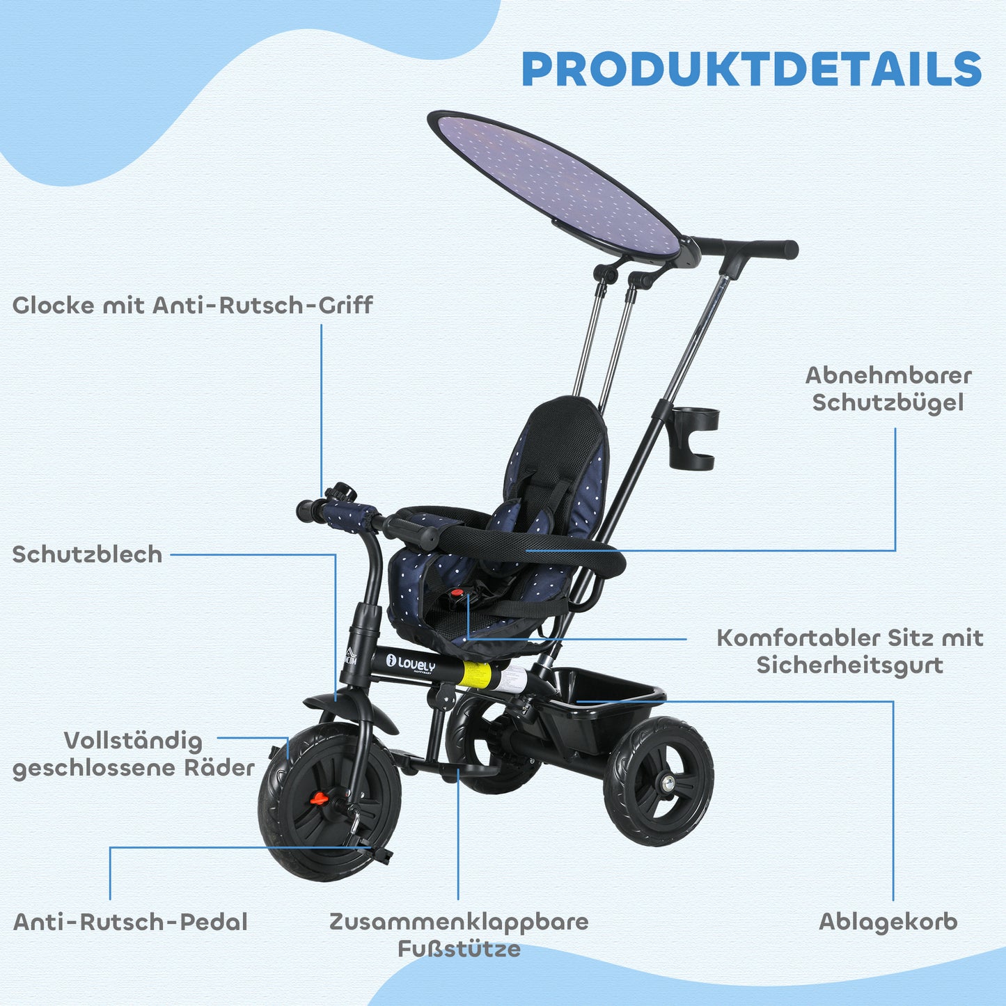 HOMCOM 6-in-1 Kinderdreirad mit Schiebestange, Dach, Gurt, Ablagekorb, für 1-5 Jahre, Dunkelblau