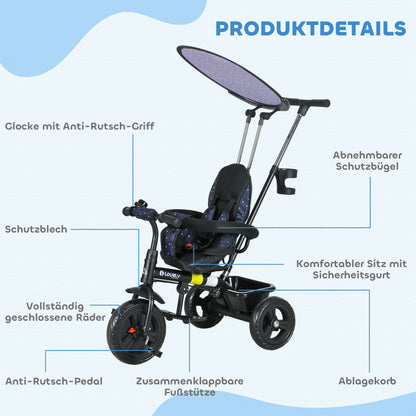 HOMCOM 6-in-1 Kinderdreirad mit Schiebestange, Dach, Gurt, Ablagekorb, für 1-5 Jahre, Dunkelblau