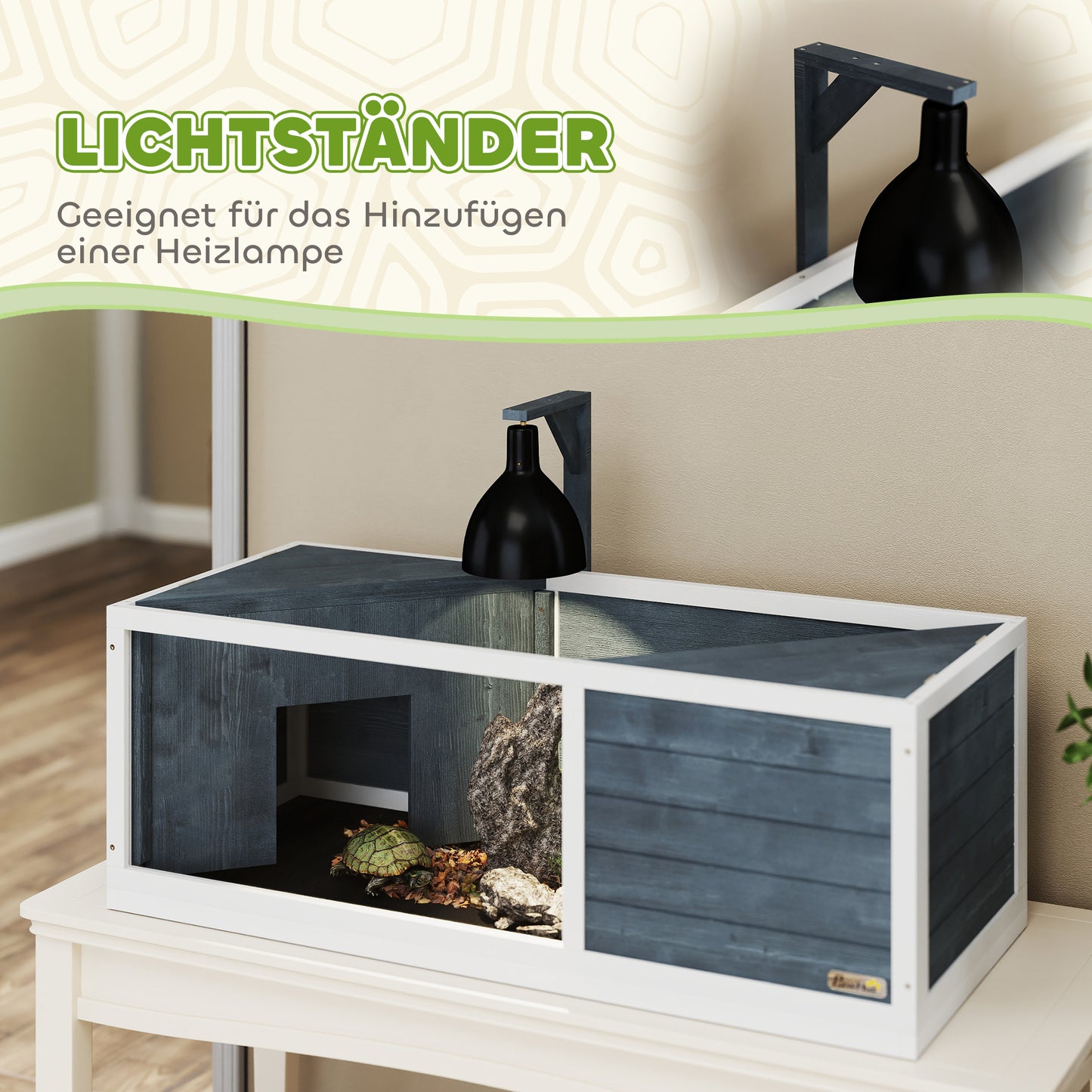 PawHut Schildkrötenhaus mit leicht zu öffnender Oberseite, Lampenvorrichtung, transparenter Front, 120 x 50 x 40 cm, Grau