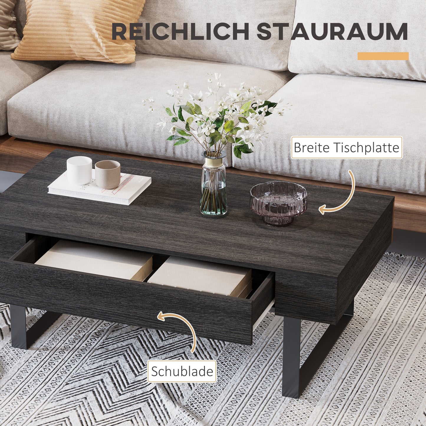 HOMCOM Couchtisch Wohnzimmertisch mit Schublade Modern Sofatisch mit Metallrahmen Beistelltisch Kaffeetisch für Wohnzimmer 110 x 60 x 40 سم، Dunkelgrau