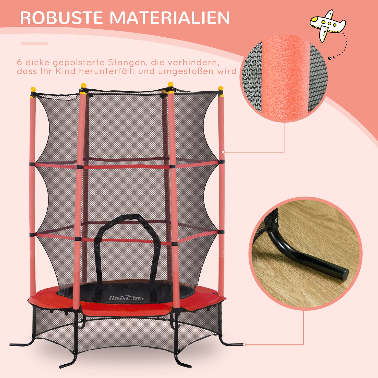HOMCOM Trampolin für Kinder, Ø163 cm, mit Sicherheitsnetz, für drinnen und draußen, Belastung bis 50 kg, Stahl, Kunststoff, Rot
