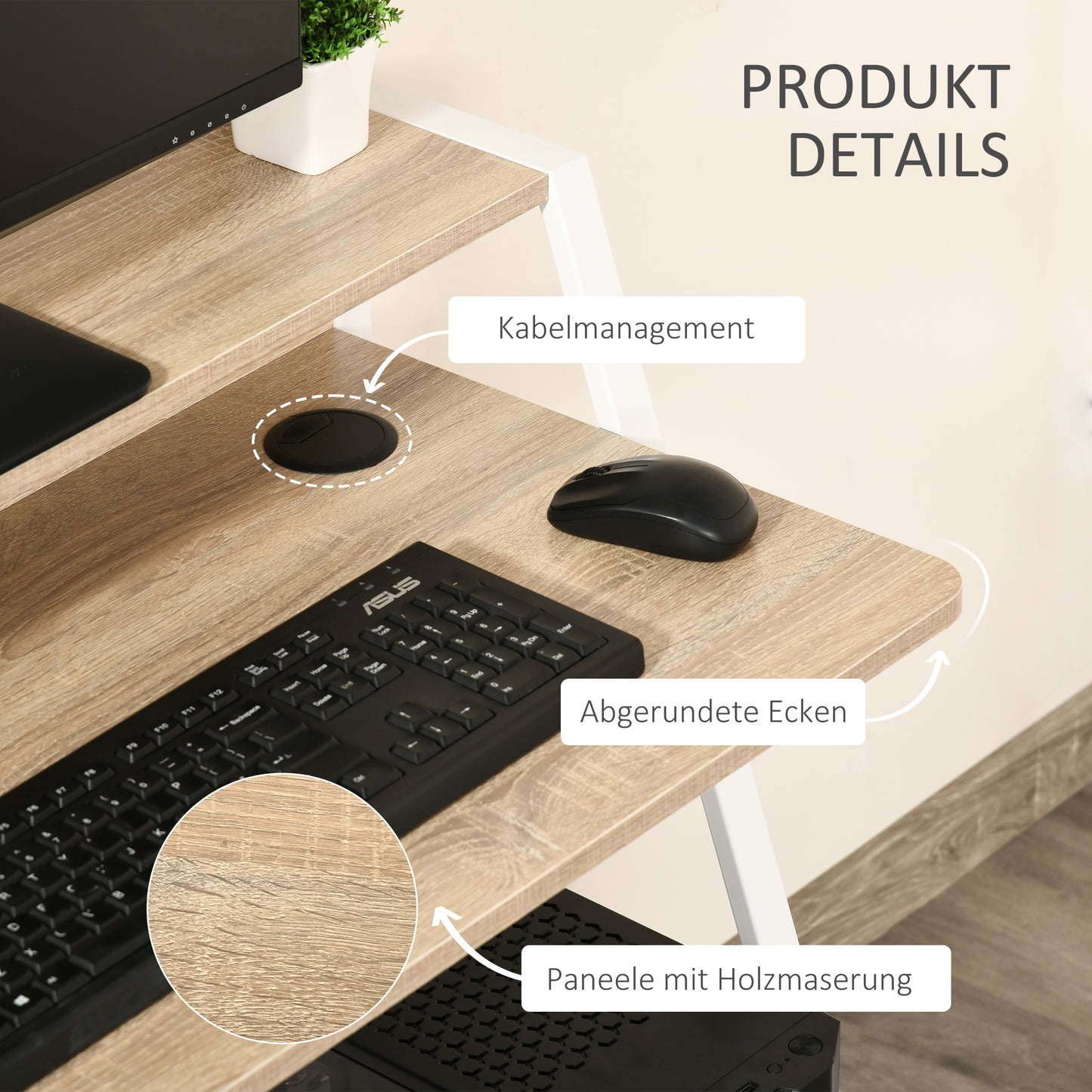 HOMCOM Schreibtisch, Computertisch mit Ablage und Kabel Management, moderner Schreibtisch mit Metallgestell für Arbeitszimmer, Schlafzimmer, Home Office, 84 x 45 x 85 cm, Weiß+Eiche