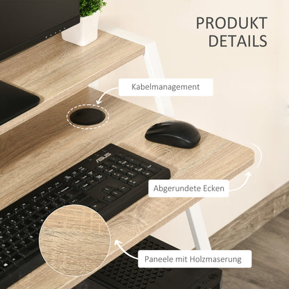 HOMCOM Schreibtisch, Computertisch mit Ablage und Kabel Management, moderner Schreibtisch mit Metallgestell für Arbeitszimmer, Schlafzimmer, Home Office, 84 x 45 x 85 cm, Weiß+Eiche