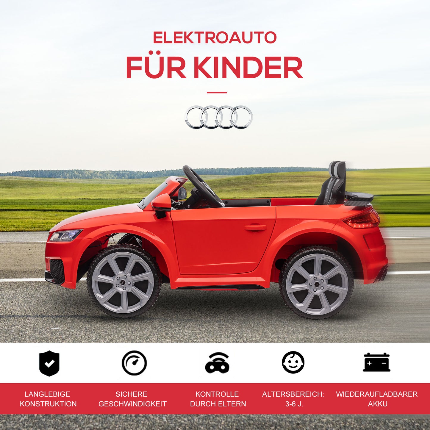HOMCOM Audi Kinder Elektroauto 12V mit 2,4G Fernbedienung, Musik, Hupe, Elektrofahrzeug mit LED-Leuchte, USB/MP3-Anschluss, Rückwärtsfunktion, für Kinder 3-5 Jahre, Rot