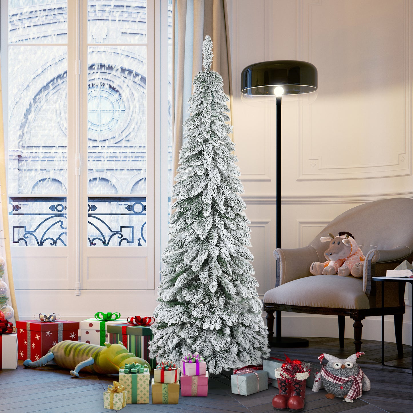 HOMCOM Künstlicher Weihnachtsbaum, 1,80 m, mit 523 Zweigen, Kunstschnee, lebensechtes Aussehen, schlanke Form