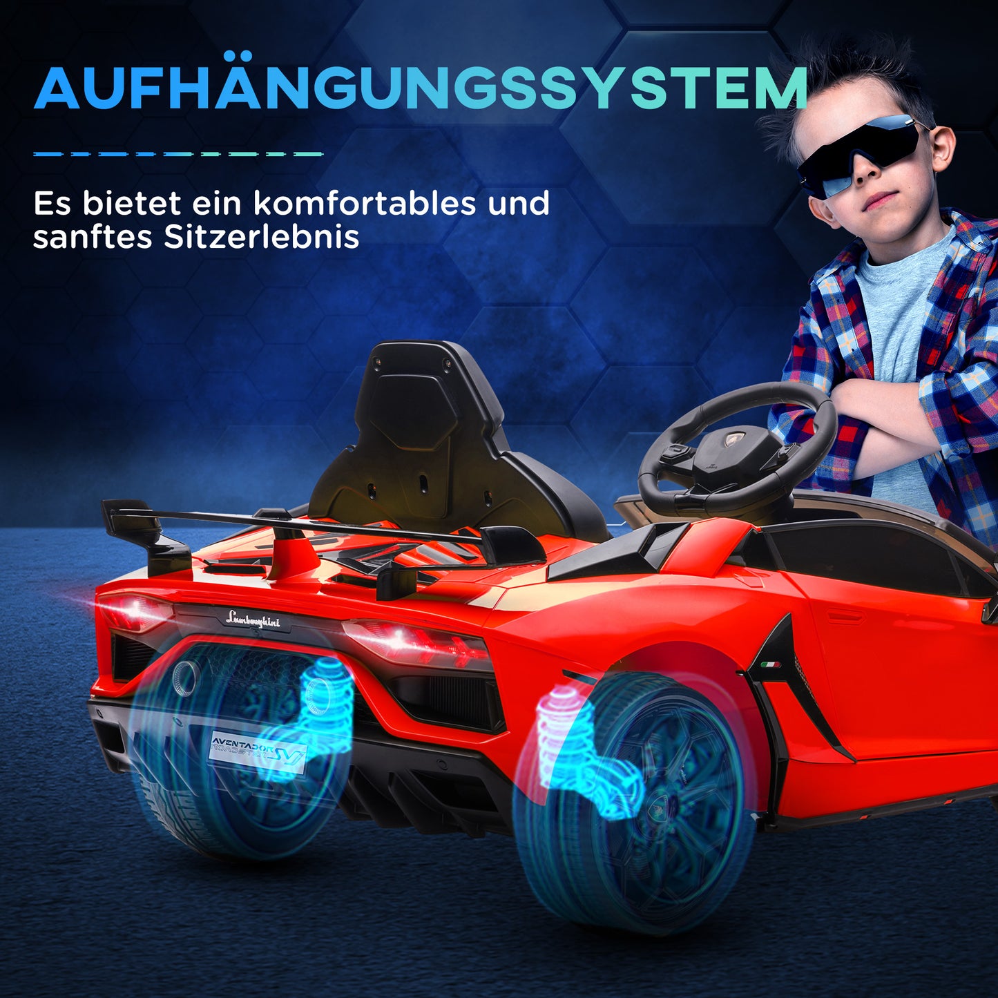 HOMCOM Elektro-Kinderauto, lizenzierter Lamborghini Aventador, Flügeltüren, Musik, Hupe, für 3-5 Jahre, rot