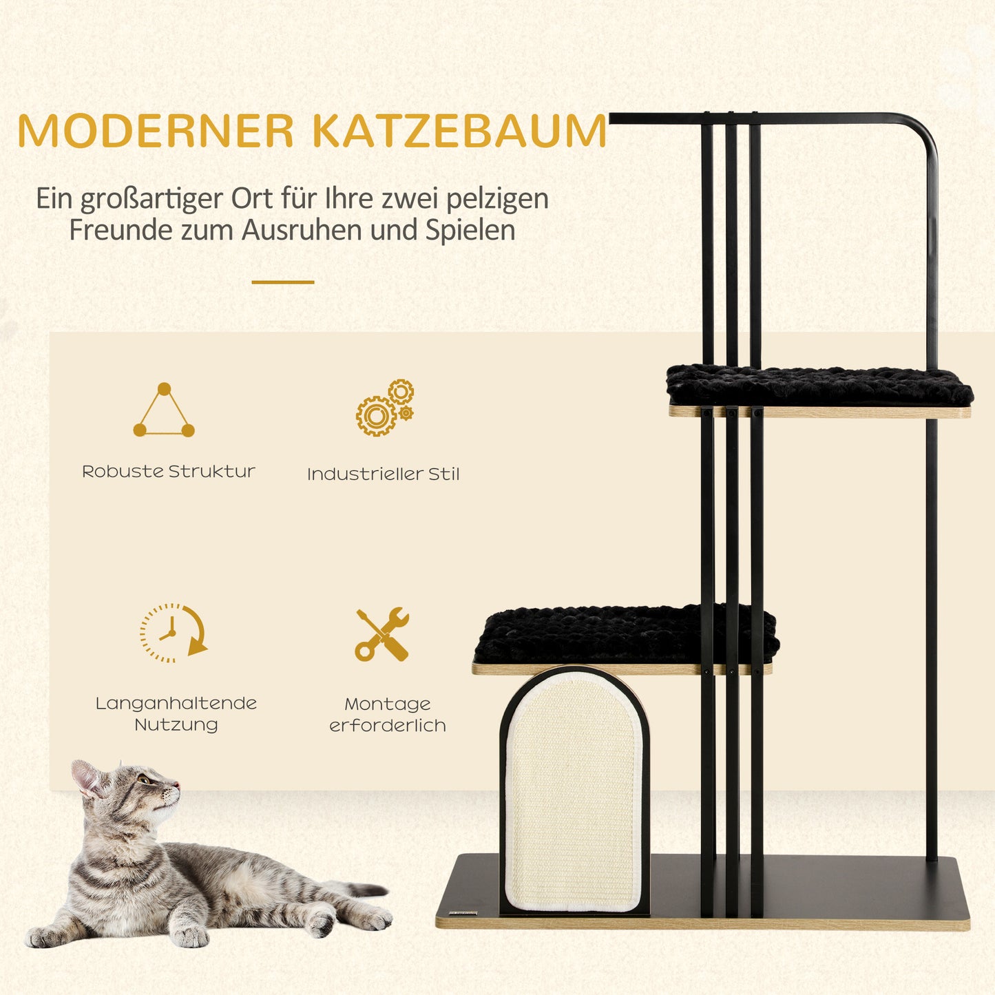 PawHut Kratzbaum, Industrial Design, 2 Plattformen, 2 Liegekissen, Kratzwand, Stahlrahmen, schwarz, 85 x 48 x 128 cm