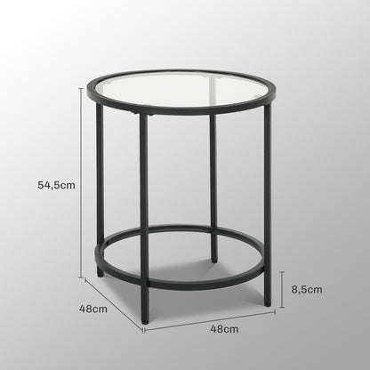 HOMCOM Runder Beistelltisch mit Glasplatte und Metallrahmen, kleiner Kaffeetisch für Wohnzimmer, Schlafzimmer, Schwarz