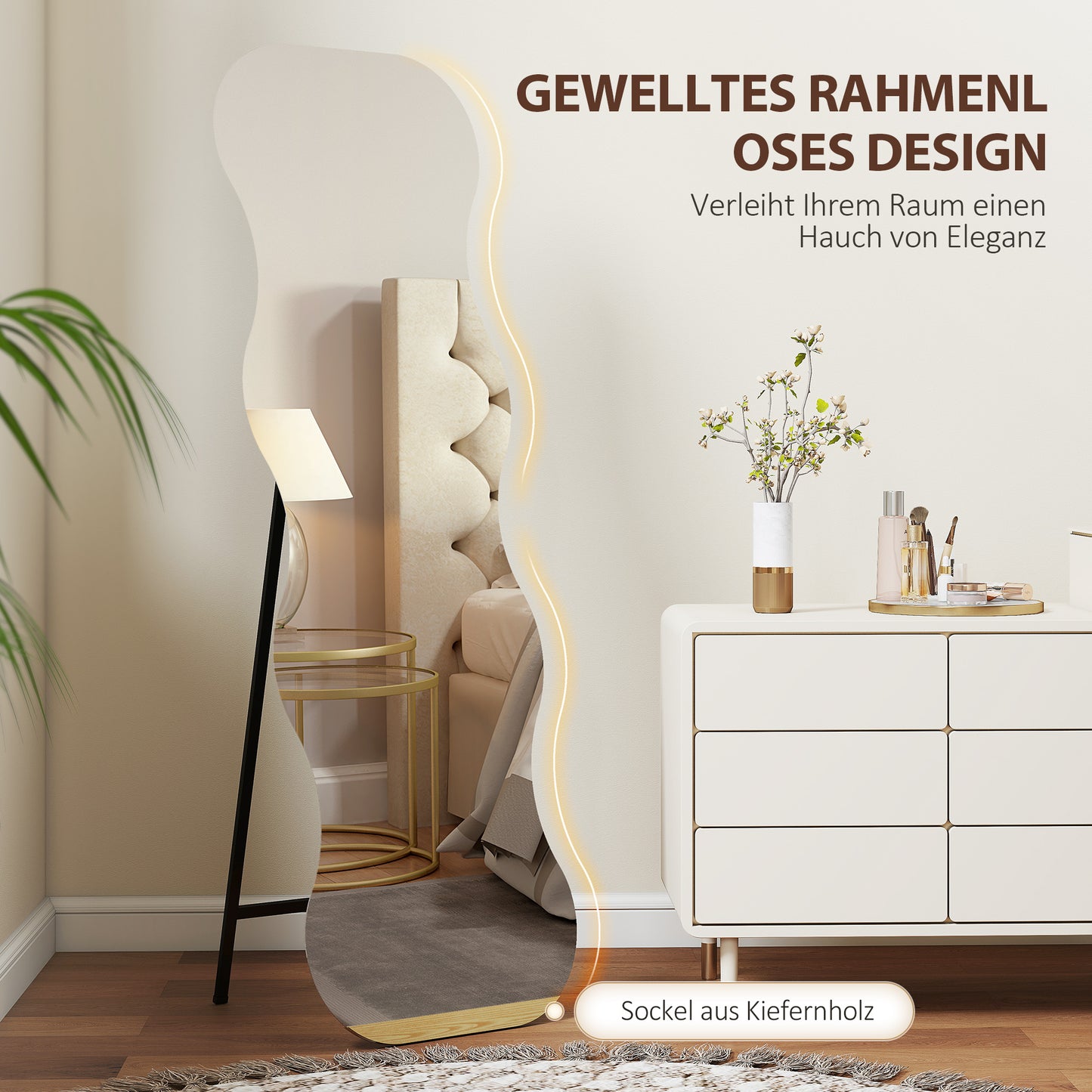 HOMCOM Ganzkörperspiegel ohne Rahmen, Holzbasis, flexibel platzierbar, Wellenform, Schwarz
