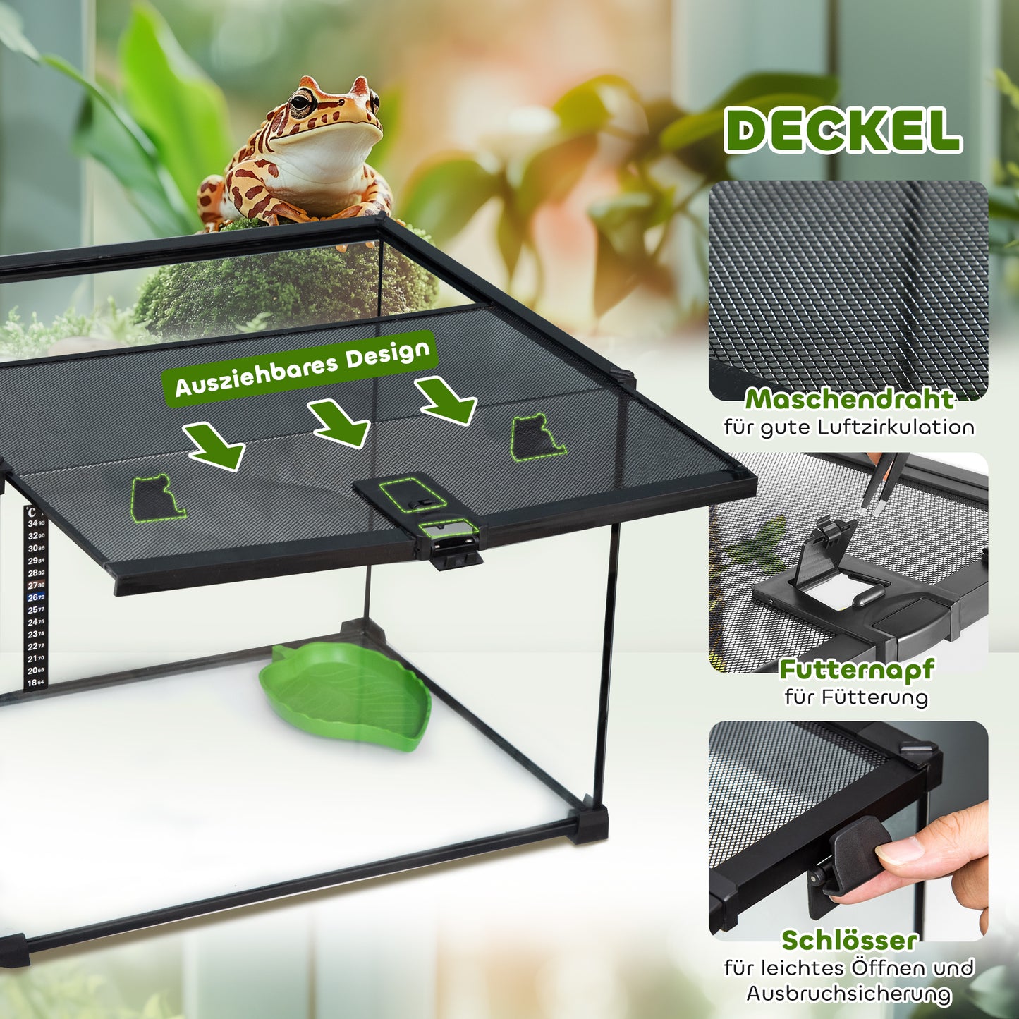 PawHut Terrarium für Reptilien Reptile Fütterungsbox Glasterrarium Amphibien Spinnentiere mit Thermometer Reptilienzuchtbox Metall Schwarz 50 x 30 x 35 cm