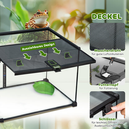 PawHut Terrarium für Reptilien Reptile Fütterungsbox Glasterrarium Amphibien Spinnentiere mit Thermometer Reptilienzuchtbox Metall Schwarz 50 x 30 x 35 cm