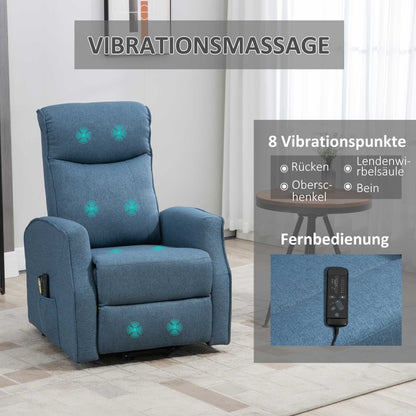 HOMCOM Massagesessel mit Aufstehhilfe, Relaxsessel, inkl. Fernbedienung, 1 Seitentasche, Fußstütze, Blau