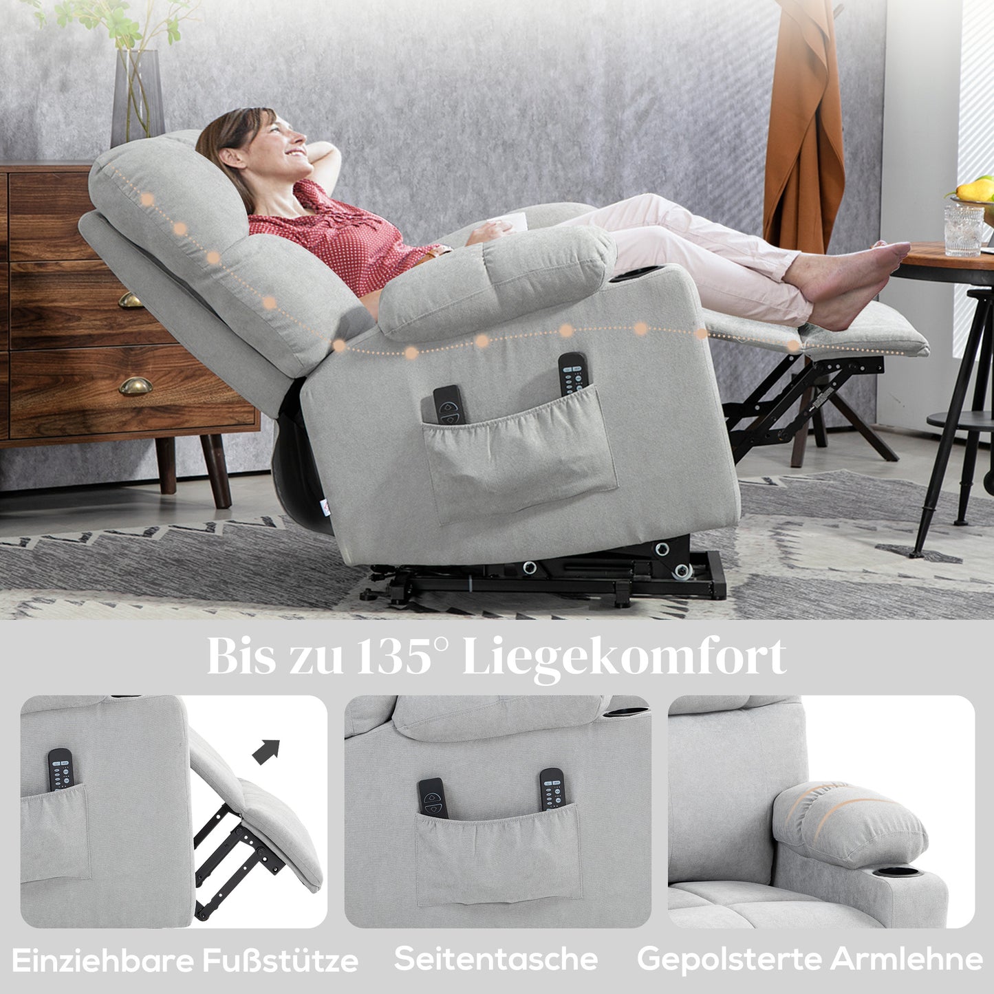 HOMCOM Aufstehhilfe Seniorensessel, Liegefunktion, inkl. Fernbedienung, 144 cm x 91 cm x 88 cm, Hellgrau