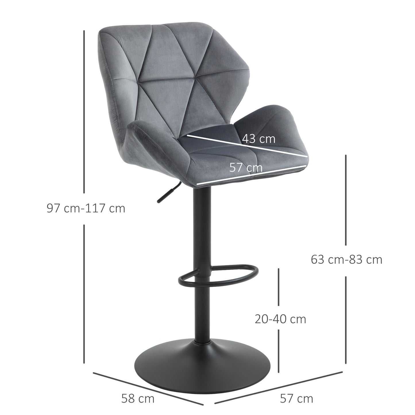 HOMCOM Barhocker 2er Set, Gepolstert Barstuhl mit Metallgestell, Lehne, Samtoptik, Höhenverstellbar 360° Drehbar