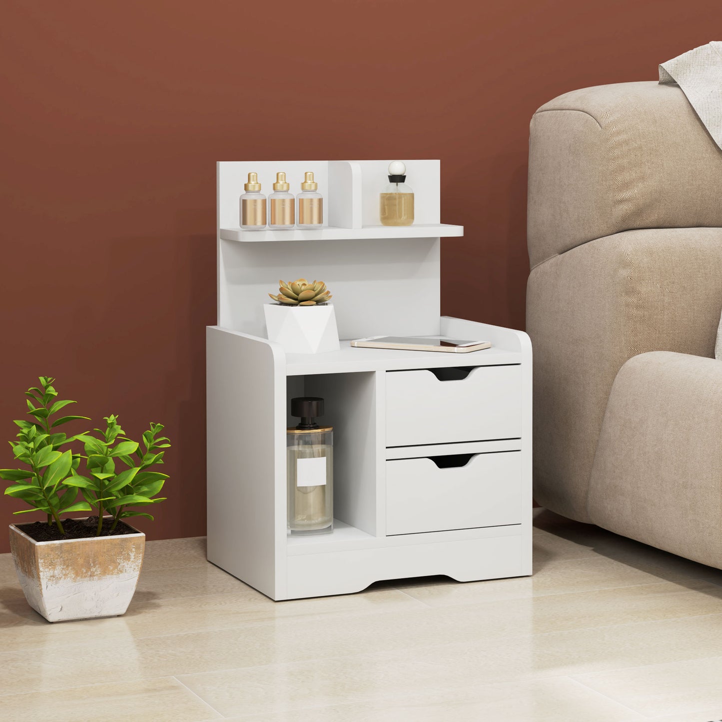 HOMCOM Nachttisch mit 2 Schubladen, offener Ablage, 40x30x60 cm, Weiß